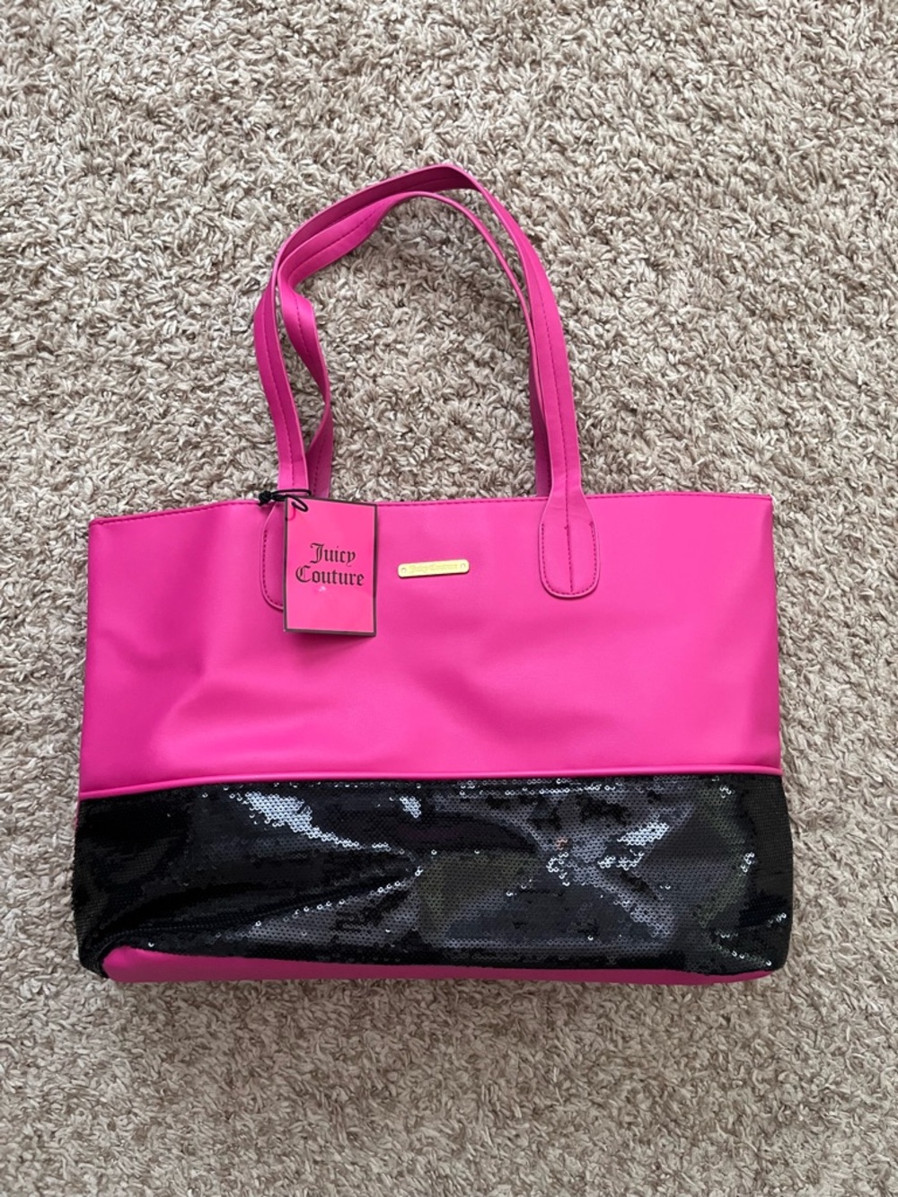 NWOT Juicy Couture Bright Pink Tote with Black Sequin Panel